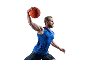 muscular sportsman play dunk basketball in studio. professional sportsman play basketball