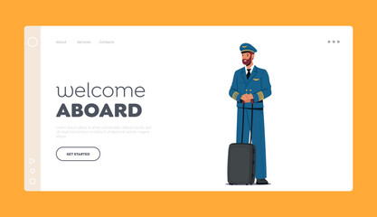 Welcome Abroad Landing Page Template. Airplane Pilot with Suitcase. Aviation Aircrew Male Character Wear Uniform