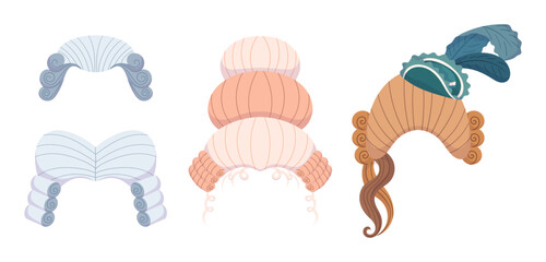 Set of Male and Female Rococo Wigs Isolated on White Background. European Renaissance Periwigs for Men and Women