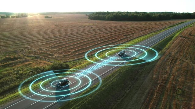 Autopilot of autonomous cars via gps controls traffic. Smart cars on the highway. Future self-driving transport. Artificial Intelligence Scans Surrounding Environment. Ai technology concept. 