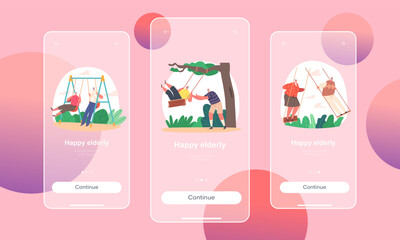 Carefree Elderly Couples Mobile App Page Onboard Screen Template. Funny Senior Characters Swing Vector Illustration