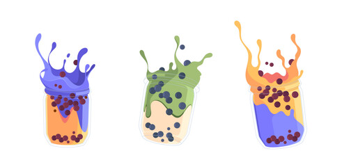 Set Of Pearl Milk Tea Burst, Boba Yummy Beverages In Glass Or Plastic Cups. Bubble Tea Or Coffee Drink With Tapioca