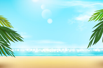 Warm summer beach with palm tree branches, blue sky and feather clouds. Background design template with open space for text. Vector illustration.