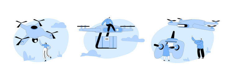 Set People Playing and Using Drones for Post Mail Delivery. Quadcopter Remote Aerial Drone with Camera Illustration