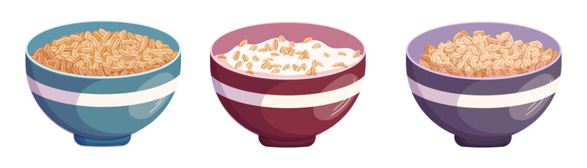 Set Oatmeal Healthy Breakfast, Bowls with Porridge, Cereal Granola, Muesli Flakes With Milk or Yogurt, Oat Meal
