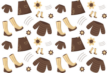 Seamless pattern with warm clothes, boots, skirt, jacket. Brown, beige. Vector illustration