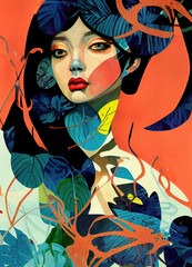 girl with flowers, painted in a tropical Hawaii inspired style