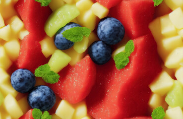 Fototapeta na wymiar Tileable fruit salad containing berries, pinneaple strawberries, top view, tileable image