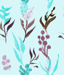 Summer seamless pattern with tropical flowers in blue shades painted in gouache for summer textiles