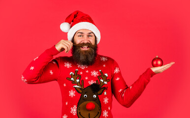 Just for fun. Decorate your home. Bearded hipster man hold christmas decoration. Run xmas party. Organise party. Winter inspiration. New year party decor. Prepare for holiday. Ready to celebrate