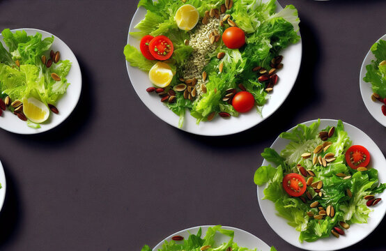 Tileable salad containign with tomatoes and lettuce in top view, tile, tileable image