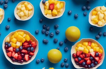 Obraz na płótnie Canvas Tileable fruit salad containing berries, pinneaple strawberries, top view, tileable image