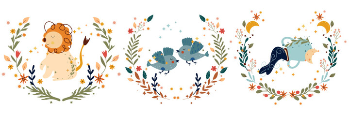 Zodiac Leo, Gemini, Aquarius, with leaves, colorful flowers and stars around. Set Astrological zodiac Signs perfect for posters, logo, cards. Vector illustration