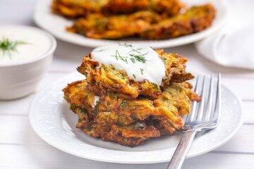 Mucver, Turkish traditional food. (Turkish cuisine) Homemade Food with Zucchini.