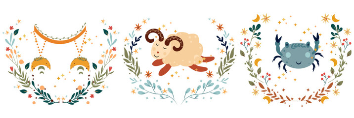 Zodiac Libra, Cancer, Aries, with leaves, colorful flowers and stars around. Set Astrological zodiac Signs perfect for posters, logo, cards. Vector illustration