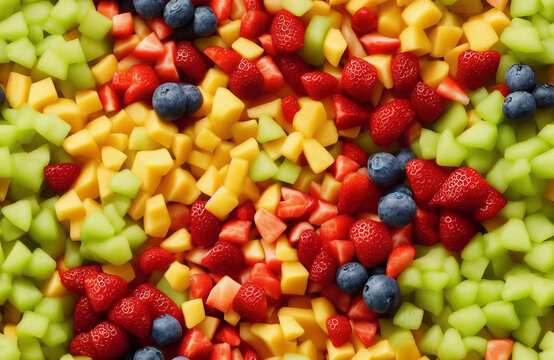 Tileable fruit salad containing berries, pinneaple strawberries, top view, tileable image