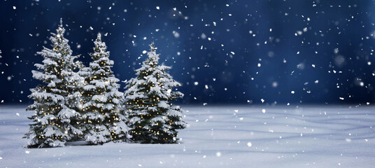 Winter Christmas background with snowy Christmas tree