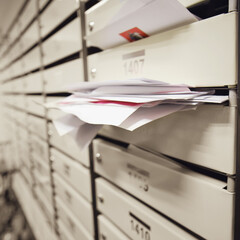 Mailboxes filled with letters and bills in an apartment building. An overflowing postbox in the...
