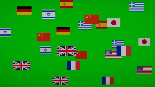 Flying flags on green screen, American flag and flags of different countries