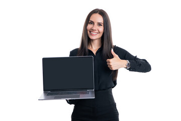 Smiling businesswoman holding open laptop with blank screen mockup for business advertisement