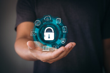 Cyber security Data Protection Information privacy antivirus virus defense internet technology concept. Cybersecurity. The business people show icon security on a virtual screen in hand.