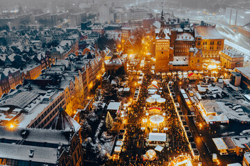 christmas market in gdansk aerial view - obrazy, fototapety, plakaty