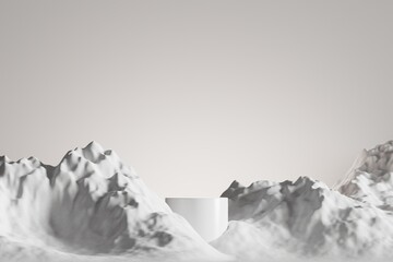 Minimal white cylinder pedestal or podium for product showcase with rocks and stones background. Stand product mockup backdrop. 3d render illustration