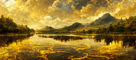 Fototapeta premium midjourney fantasy landscape of a lake made of gold, golden shining clouds,