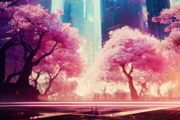 Japanese futuristic city, girl silhouette, sakura blossom, neon.