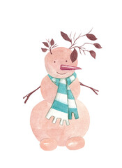 Cartoon snowman in a striped scarf with branches on his head. Isolated watercolor illustration for festive Christmas decor