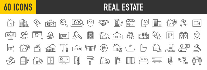 Set of 60 Real Estate web icons in line style. Rent, building, agent, house, auction, property, mortgage, home, realtor, collection. Vector illustration.