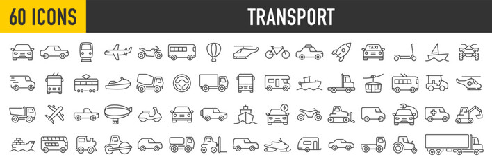 Set of 60 transport and vehicle web icons in line style. Cars, airplane, bus, parking, travel, train, bike, scooter, truck, helicopter, collection. Vector illustration.