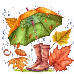 Watercolor illustration of an umbrella with boots Autumn leaves, greenery, grass, maple leaves Autumn weather, rain, October, autumn , anime style
