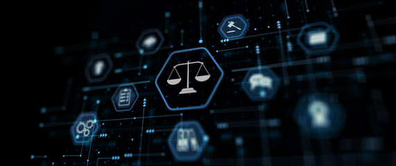 Justice and law concept. Digital technology law innovation interface network icons and modern...