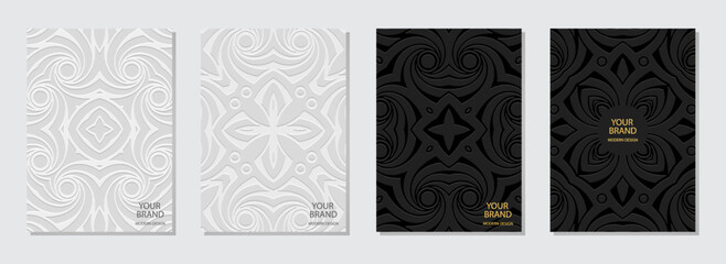 Cover set, vertical templates. Collection of embossed geometric backgrounds with original 3D pattern, tribal texture. Trendy boho style, doodle and zentangle, press paper. Ethnic motives. 