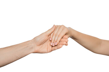 Fototapeta premium Man's hand gently holding woman's hand, isolated