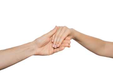 Man's hand gently holding woman's hand, isolated