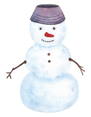 Watercolor cute cartoon style snowman with a bucket on his head. Childish hand-drawn illustration isolated on the white background. Christmas illustration for greeting card design.