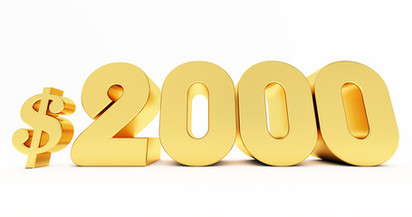 3D render of golden 2000 dollars isolated on white background, gold two thousand dollar