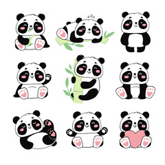 Obraz premium Cute pandas. Vector set of illustrations of black and white cubs, animal print in a flat style on a white background.