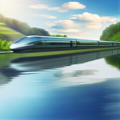 Obraz premium Modern speed train crossing the bridge over the river. Fast speed, blurred motion. Photorealistic illustration generated by Ai
