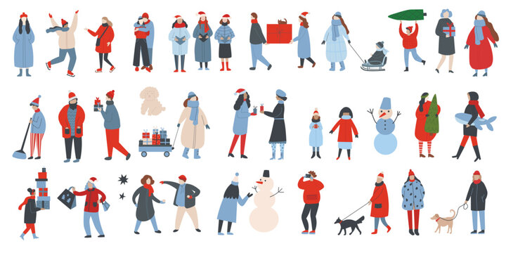 People in winter outwear walking flat vector illustrations set. Tiny people, romantic couples having fun, enjoying festive mood flat characters set. Kids and adults celebrating Christmas outdoors.