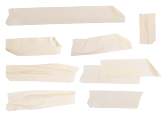 adhesive tape set collection of 8 different tapes, scratched and crumpled realistic photography png isolated on transparent background