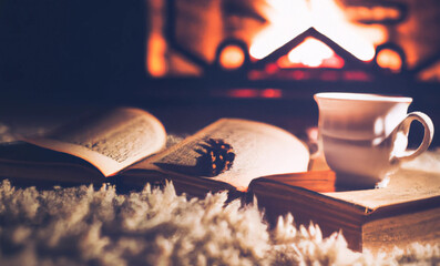 Hot drink and books in front of the fireplace, vintage Christmas theme, light from window, 4k