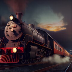 Obraz premium Photorealistic steam train in the night. Stunning illustration generated by Ai