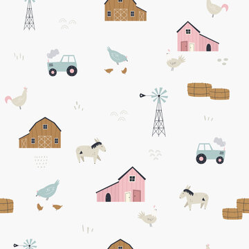 Seamless pattern with cute farm scenery - barn, funny animals, trees, tractors