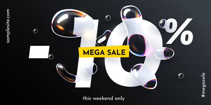 10 percent Off. Discount creative composition with water drops. Fresh Sale banner and poster.