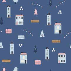 Obraz premium Winter seamless pattern with cute and colorful buildings, houses, Christmas trees