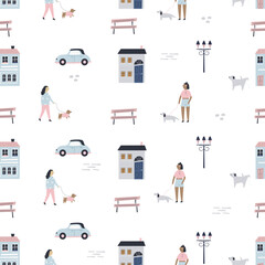 Seamless pattern with cute and colorful buildings, houses, people and cars
