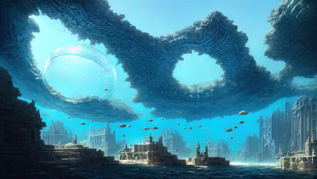Ancient majestic sunken city of Atlantis civilization. Fantasy city at the bottom of the ocean. 3D illustration